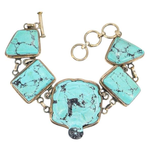 Vintage Figural Tortoise Turtle Bracelet Reconstituted Turquoise Sterling Silver - Picture 1 of 6